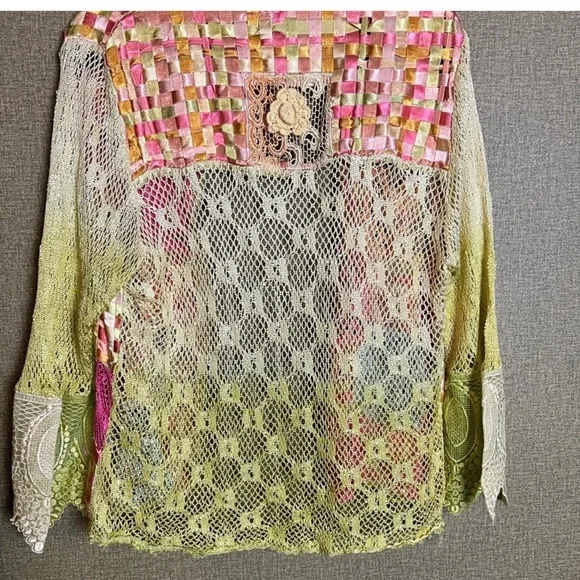 Parsley And Sage Women's Sweater Crochet Ribbon Open Front pink yellow green - Picture 4 of 9